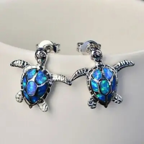 Elegant Green Fire Opal Sea Turtle Earrings - Picture 7 of 13